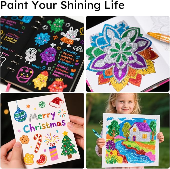 Glitter Markers,16 Colors Metallic Markers Sparkle Pens for Adults Kids,Arts & Crafts Supplies,Rock Painting, Wood, Scrapbook, Birthday Cards, Dual Tip Glitter Acrylic Paint Pens Set of 8