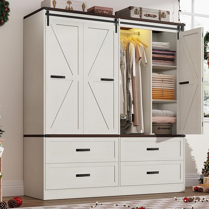 Farmhouse 4 Doors Armoire Wardrobe Closet w/Folding Sliding Barn Door and Lights, LED Armoire Closet w/Drawers for Bedroom, Freestanding Wooden Wardrobe Storage Closets w/Hanging Rod,Antique White