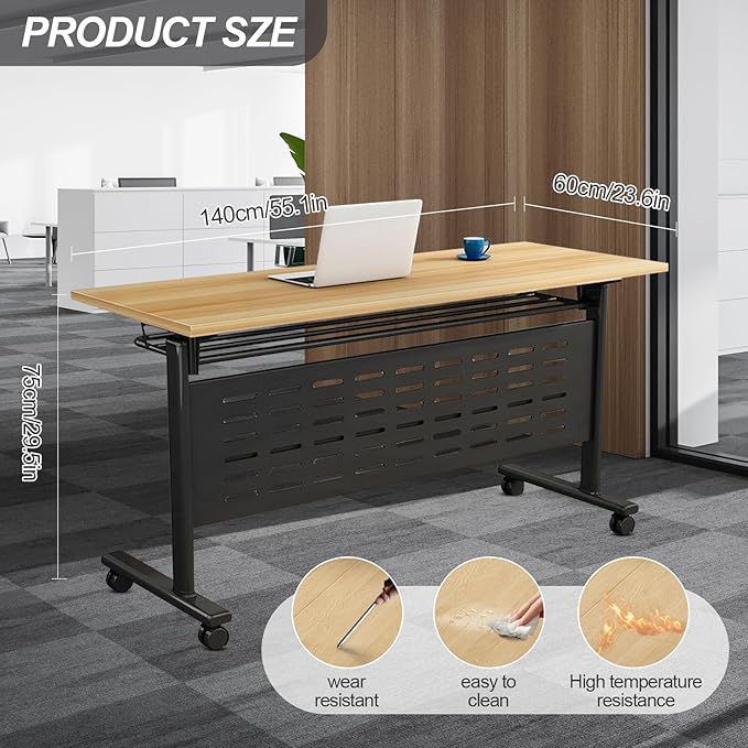 Foldable Conference Table, Folding Conference Room Table with Wheels, Flip Top Mobile Training Table, Rolling Seminar Meeting Table for Office Training Room Classroom (6pack 55.1in)