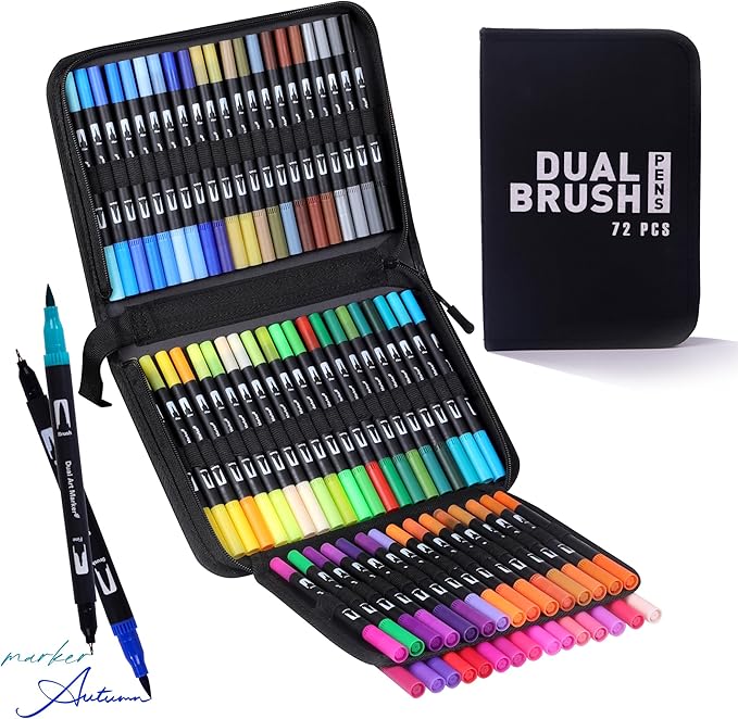 Dual Markers Brush Pens, 72 Colors Art Marker Set with Brush and Fine Tips – Premium Art Supplies for Kids & Adults, Perfect for Coloring Books, Hand Lettering, Calligraphy, and Drawing
