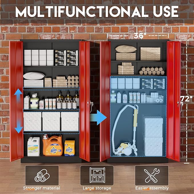Greenvelly Metal Cabinet with 2 Doors and Adjustable Shelves, 72”H Steel Storage Cabinet, Locking Tall Metal Storage for Office, Home, Garage, School