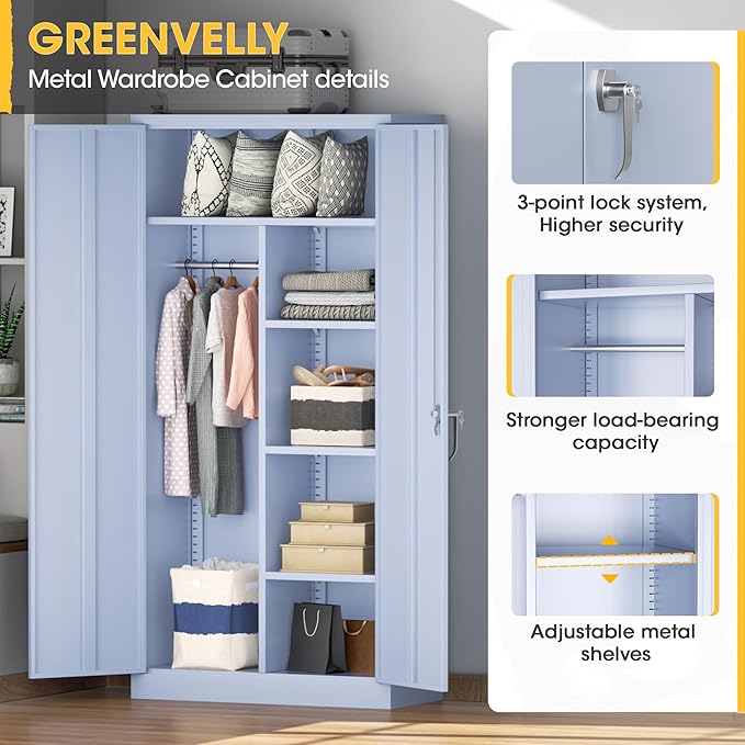 Greenvelly Metal Storage Wardrobe Cabinet with Lock, 72" Dark Grey Metal Wardrobe Closet for Hanging Clothes with Doors and Shelves, Modern Clothes Closet for Home, Office and Bedroom, School,Gym