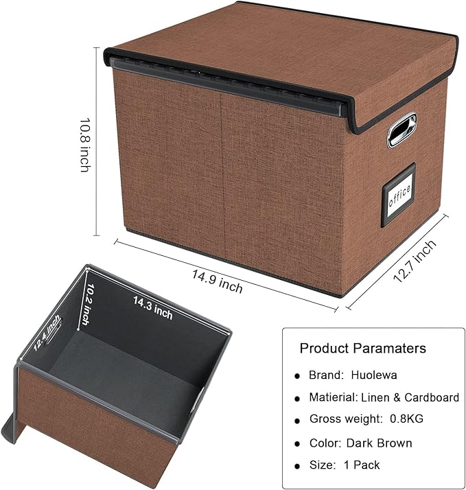 Huolewa Upgrade Portable File Organizer Box with Lid,Large Linen Hanging Office Document Storage Box with Lid,Collapsible Filing&Storage Box for Office/Decor/Home-14.9x12.7x10.8in,1pk-without folders