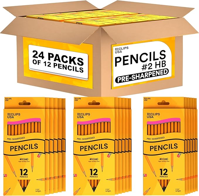 E-CLIPS USA Pencils Bulk, Pencils #2 (24 Boxes), Number 2 pencil, Pre-Sharpened Pencil Bulk, School Supplies Bulk, Office Supplies Bulk, Box May Vary, 12 Pencil Per Box (24 Boxes)