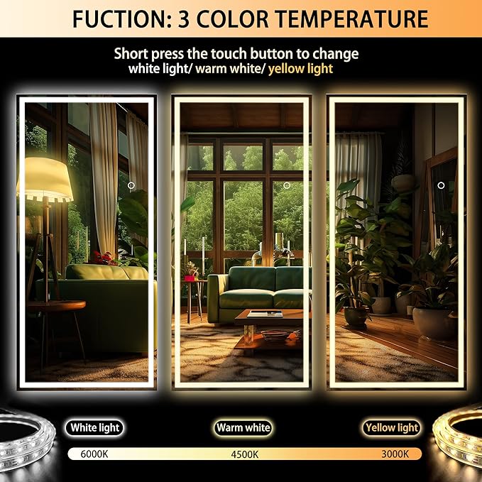 Hasipu Full Length LED Mirror with Lights, 83" x 36" Floor Standing or Hanging Mounted, Full Body Dressing Mirror, Dimmable Light, Tempered Glass, Square Black