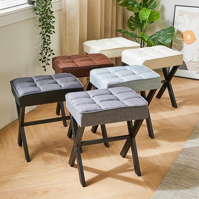 IBUYKE Square Makeup Stool with X-Leg Foot Rest, Linen Footrest, Ottoman Seat, Multi-Use as Small Side Table, for Bedroom, Living Room, Blue Gray LG-70L