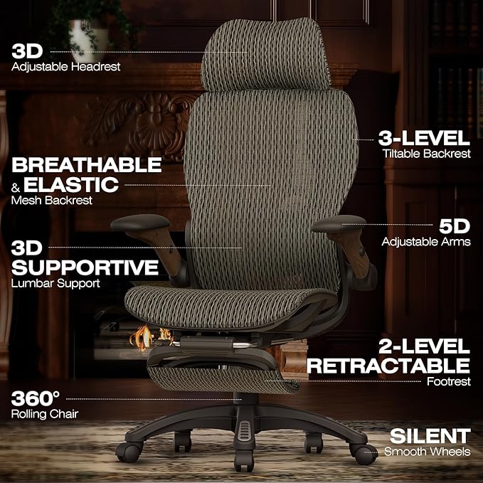 ELABEST X100 Ergonomic Office Chair with Footrest, Big and Tall Home Desk Chair with 5D Flip-Up Arms, Adjustable 9D Lumbar Support,High Back Rolling Computer Chair, Swivel Mesh Chairs (Coffee Break)