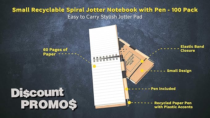 DISCOUNT PROMOS 100 Recyclable Spiral Small Notebooks Pack - Customizable Text, Logo - 60 Lined Pages - Black