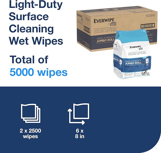 Everwipe by Tork Light-Duty Surface Cleaning Wet Wipe Jumbo Rolls White W12, Cleans and Deodorizes, 2 x 2500 wipes, 192816