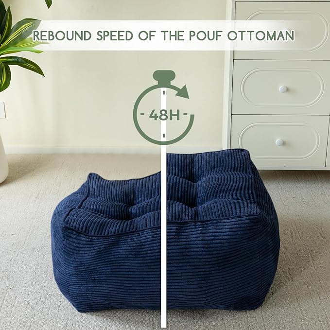 HIGOGOGO Square Stuffed Pouf Ottoman, Corduroy Poufs with Foam Chunk Filling, Furry and Fluffy Pouf Foot Stool Storage Ottoman, 21 X 21 Floor Poufs Foot Rest for Living Room, Navy