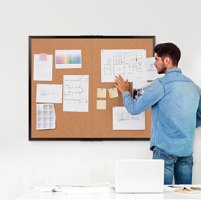 Board2by Extra Large Cork Bulletin Board 48" X 48", Foldable Notice Pin Board for Wall, Black Wood Framed 4'x4' Corkboard, Wall Mounted Noticeboard with 32 Push Pins for School, Home & Office