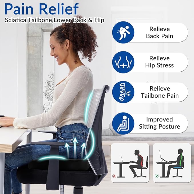 Ergonomic Memory Foam Seat Cushion for Office Chair, Extra Large Pad with U-Shaped Design for Pressure Relief, Coccyx Sciatica & Back Pain Relief, for Home, Car Long Sitting (Black)