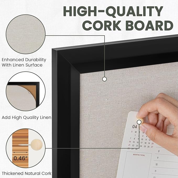 Bulletin Board Cork Board with Linen, 100% Wood Framed 30" x 20" Bulletin Board Decorations, Pin Boards for Walls, Wall Mounted Fabric Picture Board with 10 Pushpins for School, Home & Office, Black