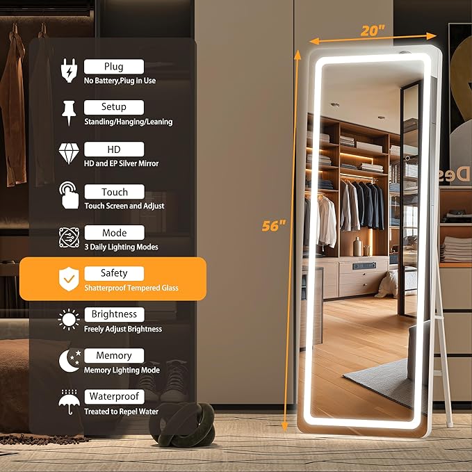 Hasipu Full Length Mirror with Lights, 56" x 20" LED Floor Mirror, Full Body Dressing Standing, Hanging Mounted Mirror for Living Room Bedroom Cloakroom, Round White