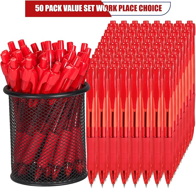 deegtran Pens Bulk, 50 Pack No Bleed Red Ink Click Pens with Soft Grip, Wholesale Retractable Ballpoint Pens for Office School, Medium Point Smooth 1.0MM