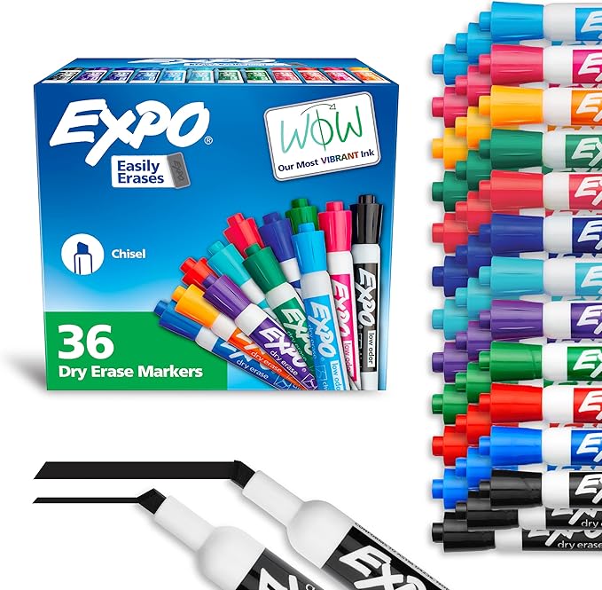 EXPO Low Odor Dry Erase Markers Chisel Tip Assorted Fashion Colors 36 Count for Classroom Office & Home Use