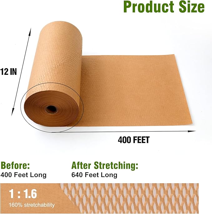 Honeycomb Packing Paper 12" Width X 400 FT for Moving Glass Dishes Recyclable Wrapping Paper Bubble Wrap Packing Material for Shipping Fragile Items Shipping Filler with 20 Fragile Stickers