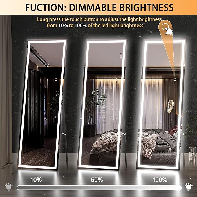Hasipu Full Length Mirror with Lights, 56" x 15.8" LED Floor Mirror, Full Body Dressing Standing, Hanging Mounted Mirror for Living Room Bedroom Cloakroom, Square Black