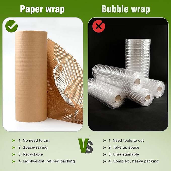 Honeycomb Packing Paper 12" Width X 200 FT for Moving Glass Dishes Recyclable Wrapping Paper Bubble Wrap Packing Material for Shipping Fragile Items Shipping Filler with 20 Fragile Stickers