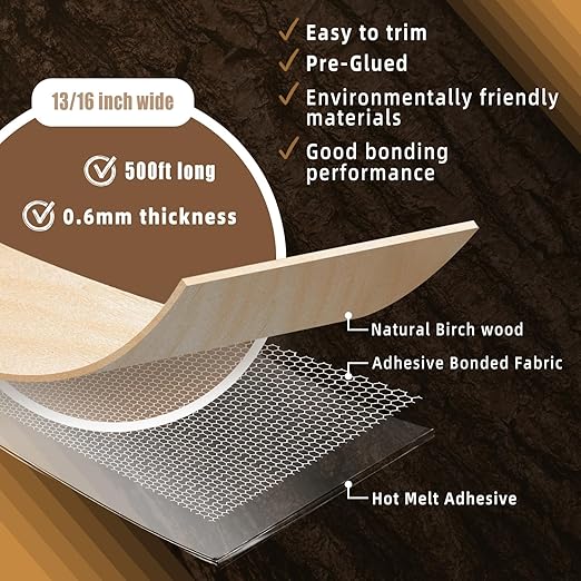 GSCIT Club Birch Edge Banding, 13/16 inch x 500ft roll of Wood Veneer Edge Banding Preglued Flexible, Wood Tape Banding for Cabinet Repair Plywood