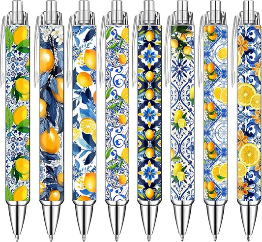 Capri Lemon Pens Set – Mediterranean-Inspired Ballpoint Pens for Girls, Students, and Stationery Lovers – Smooth Writing Pens for School, Journaling, or Gifts – Bright and Elegant Design, 8 Pack