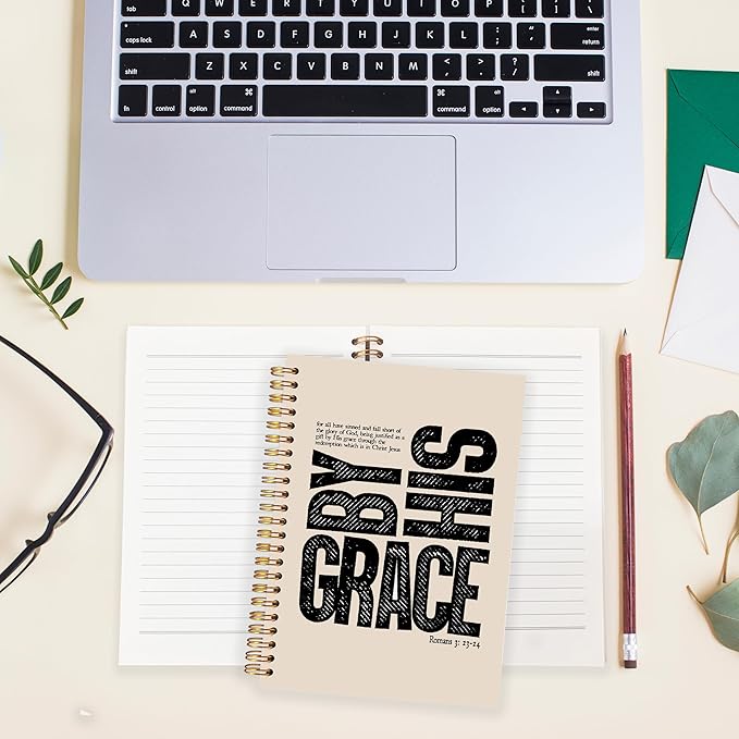 BearCake Christian Notebook Journal, Christian Gifts for Women, By His Grace Scripture Prayer Journal for Women, Bible Journaling Neutral Hardcover Spiral Notebook 5.5x8.3