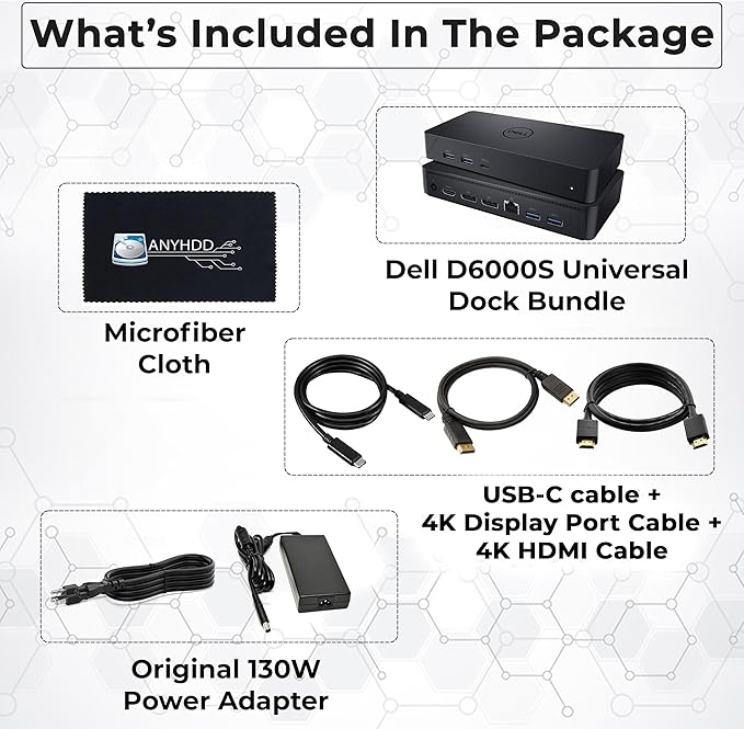 Dell D6000S Universal Dock Bundle with 130W Power Adapter – USB-C, Dual DisplayPort with 4K HDMI Cable + 4K DisplayPort Cable + USB-C Cable + Microfiber Cloth - Supports 4K Display (Renewed)