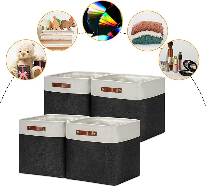 DULLEMELO Storage Baskets, 13 Inch Cube Storage Bins for Shelves Closet Nursery Toy Storage, Foldable Linen Closet Organizers Storage Baskets for Toy Closet Storage?4 Pack - 13" White&Black)