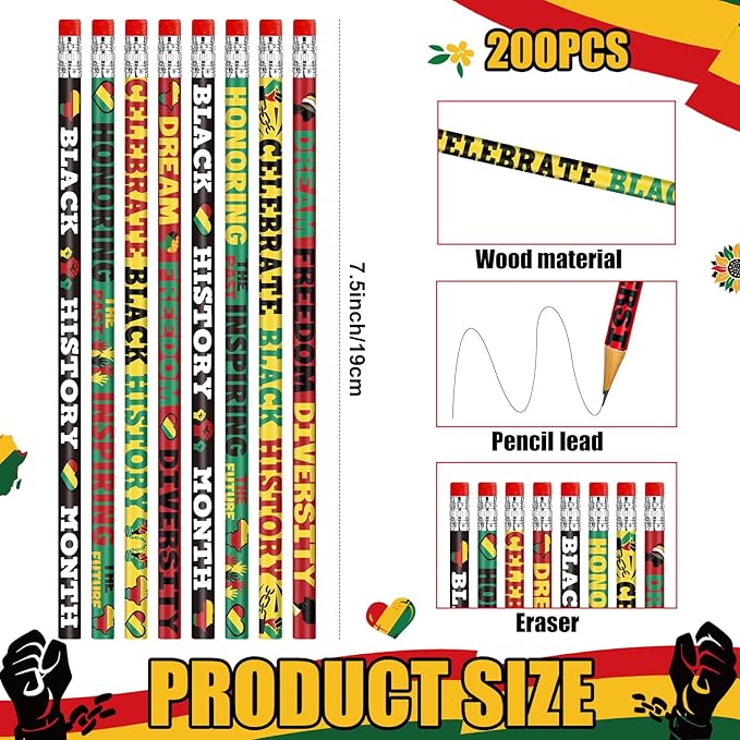 Cinrobiye 200 PCS Juneteenth & Black History Month Inspirational Wood Pencils with Eraser, Classroom Gifts, Bulk School Supplies, Kids Office Giveaways, Party Favors, Prizes