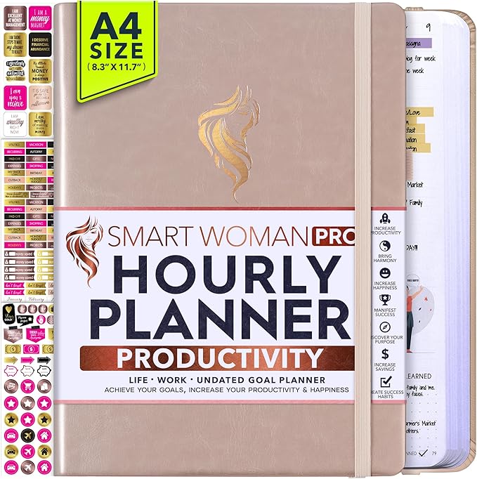 Hourly Planner - Undated Daily, Weekly & Monthly Planner with Budget Section | A 12 Month Journey to Increase Productivity & Happiness | Life Organizer & Gratitude Journal - Vertical Format