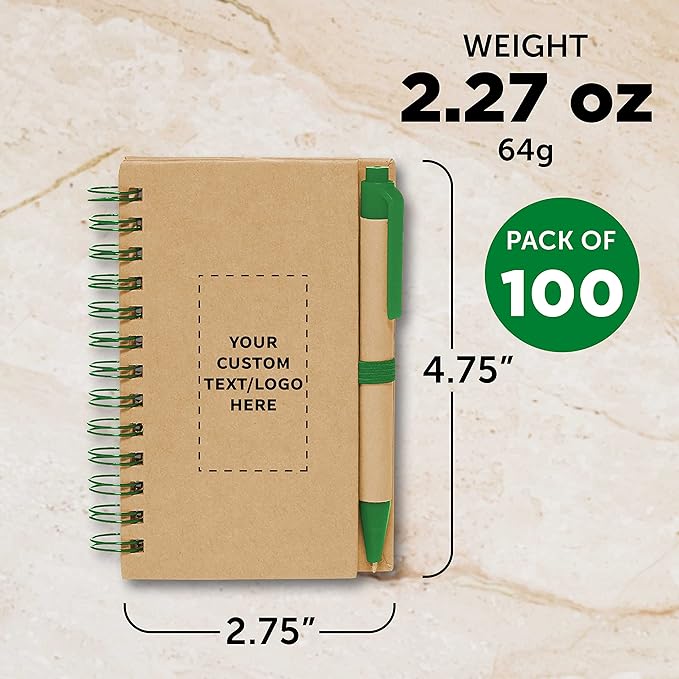 Custom Mini Spiral Notebooks with Black Ink Pens Set of 100, Personalized Bulk Pack - Perfect for School, Office, Business, Home - Green
