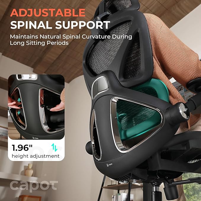 CAPOT Ergonomic Mesh Office Chair, Adjustable Lumbar High Back Desk Chair 400lbs, 4D Flip-up Arms, 3-Level Tilt Backrest, 3D Headrest, PU Wheels, Swivel Rolling Computer Seating for Long Desk Work