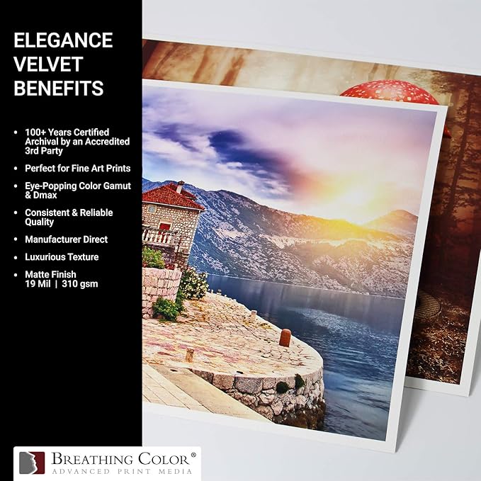 Elegance Velvet 17 in x 22 in, 25 Sheets is a Premium Matte 310 gsm, Cold Pressed Bright White Museum Grade Fine Art Inkjet Paper, Compatible with Most Dye-Based and Pigment Printers