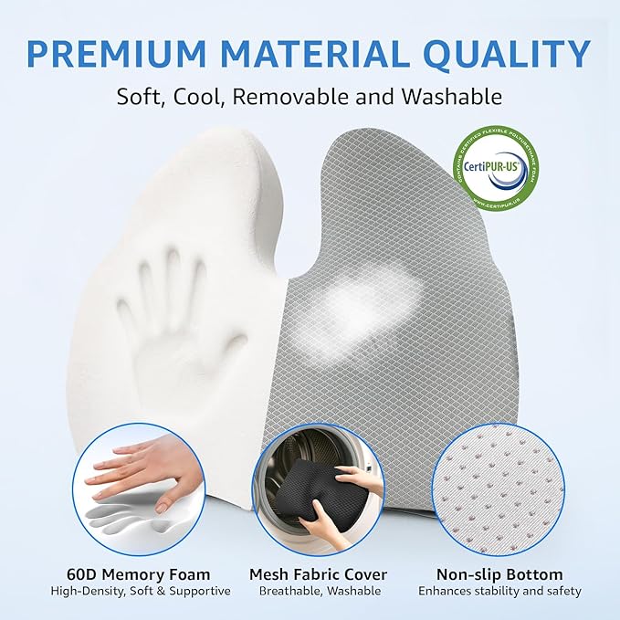 Extra Large Office Chair Cushion, 19" x 17" Ergonomic Memory Foam Seat Cushion for Tailbone, Back, Sciatica & Hip Pain Relief, Booster Pad for Sitting & Driving, Removable Washable Cover, Grey