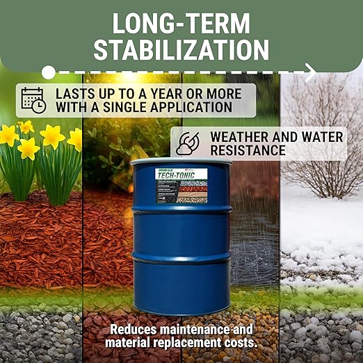 Ground Glue Tech-Tonic Landscape Adhesive for Rock, Mulch, and Sand, Weatherproof Long-Lasting Stabilizer for Trails & Slopes, Pet-Safe Binder for Pea Gravel, Bark & Flower Beds, 55 Gallon Tote