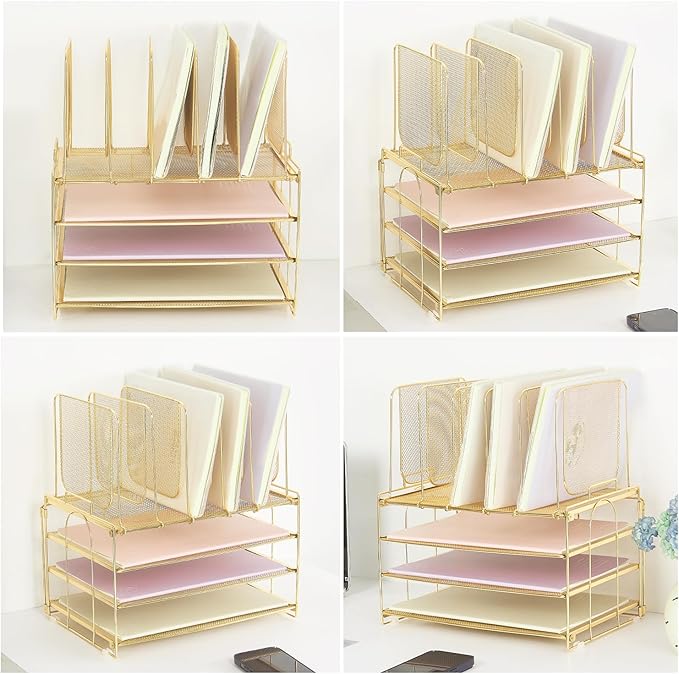Desk Organizers and Accessories, 3-Tier Paper Organizer with 5 Vertical File Holders, File Organizer for Desk, Desk Accessories & Workspace Organizers (Gold, 3T)
