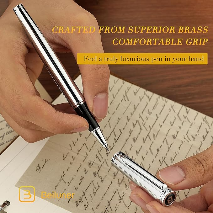 BEILUNER Luxury Silver Grey Rollerball Pen with Chrome Trim, Schmidt Ink Refill, Gift Case, Best for Men's Executive Office, Unisex