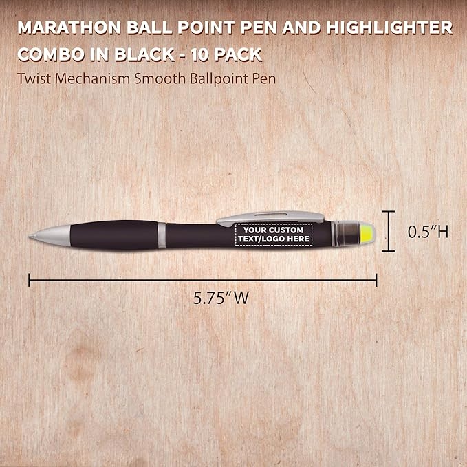 DISCOUNT PROMOS 10 Marathon Gel Highlighter Pens Pack - Customizable Text, Logo - Twist Mechanism, Ballpoint - Black