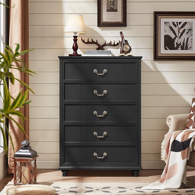 Farmhouse 5 Drawer Dresser for Bedroom, 45" Tall Rustic Chests of Drawers w/ 4 Solid Wood Feet, Mid Century Modern Wooden Closet Storage Dressers Organizer for Living Room, Hallway, Black