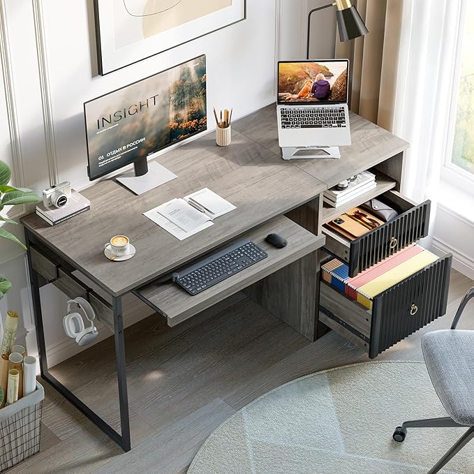 Bestier 55 Inch Computer Desk with Keyboard Tray, Modern Office Desk with Storage, Wood Writing Desk with File Drawer, Fluted Panel & 2 Hooks for Home Office & Studio, Grey
