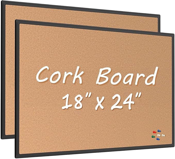 Board2by 2-Pack Cork Board Bulletin Board 24 x 18, Black Aluminium Framed Corkboard, Office Board for Wall Cork, Large Wall Mounted Notice Pin Board with 32 Push Pins for School, Home & Office