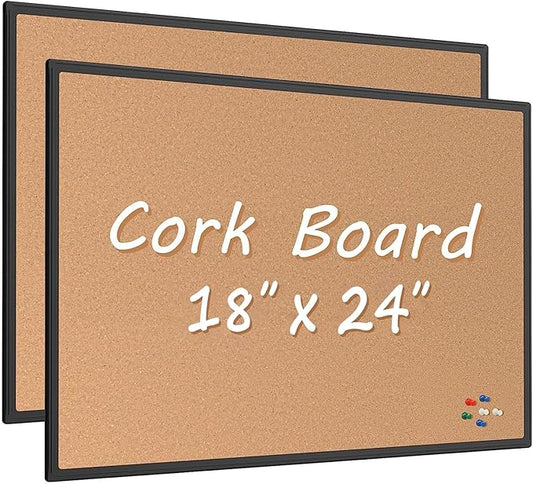 Board2by 2-Pack Cork Board Bulletin Board 24 x 18, Black Aluminium Framed Corkboard, Office Board for Wall Cork, Large Wall Mounted Notice Pin Board with 32 Push Pins for School, Home & Office