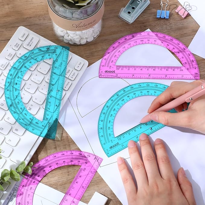 EBOOT 24 Pack Plastic Protractors Math Protractor 180 Degrees 6 Inch (Pink, Blue)