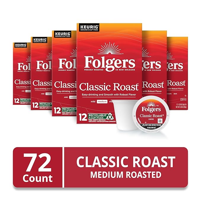 Folgers Classic Roast Medium Roast Coffee, 72 Keurig K-Cup Pods