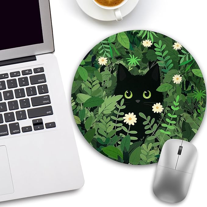 Black Cat Floral Mouse Pad, Small Round Mouse Pads for Desk, Cute Mini Travel Mousepad for Wireless Computer Laptop, Office Desk Accessories, 8.6 x 8.6 inch