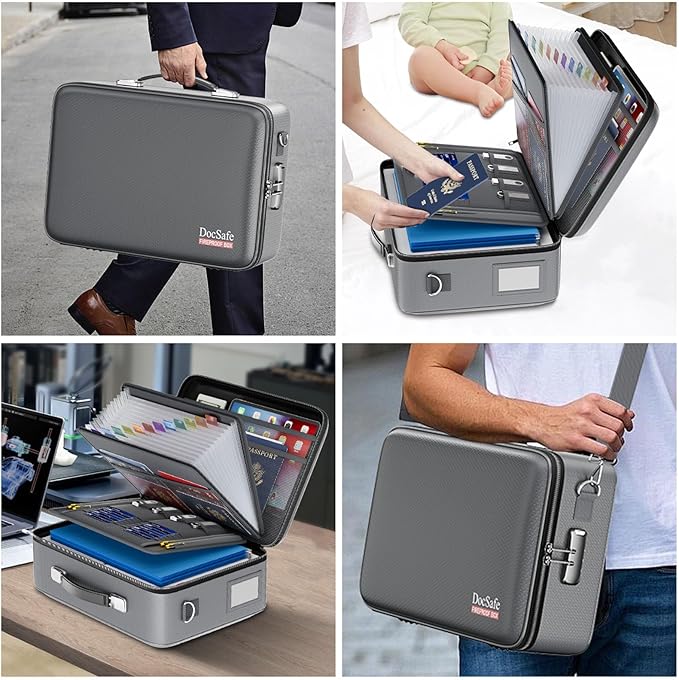DocSafe Fireproof Document Box with Lock＆Shoulder Strap,Hard Case File Organizer with Accordion File Folder,Multi-Layer Portable Home Office Travel Safe Storage for Important Documents Laptop Gray
