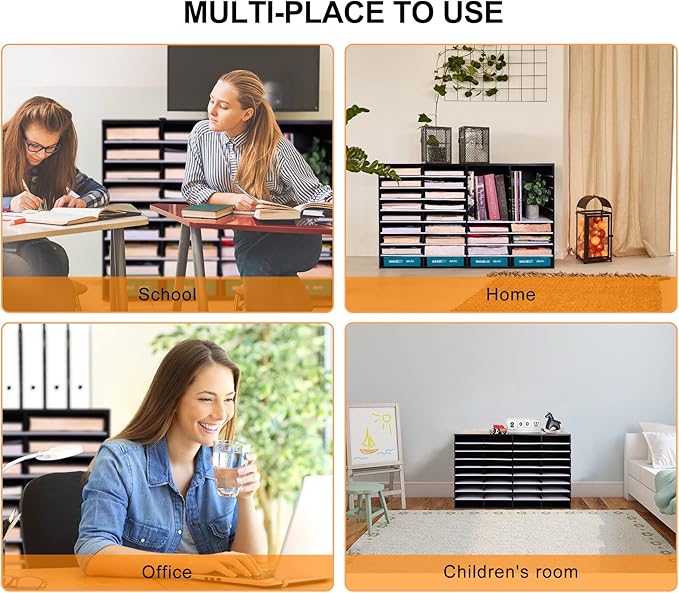 EasyPAG Mail Organizer Countertop, Wood Literature Organizer with Adjustable Shelves, Student Classroom Mailbox for School, Desktop Paper Sorter for Office Home, 36 Compartments, Black/White