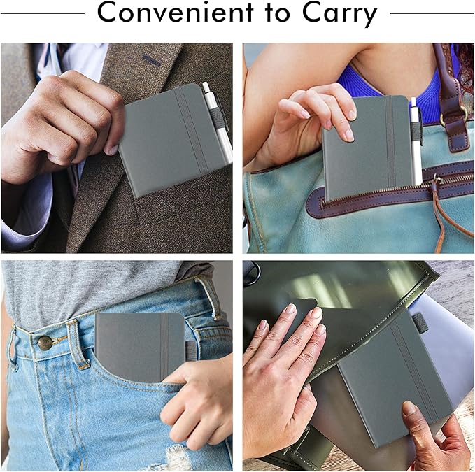 feela 6 Pack Pocket Mini Notebooks Bulk, Small Cute Memo Notepads Hardcover College Ruled Lined Journals with Pen Holder for School Business Work, with 6 Black Pens, 3.5”x 5.5”, A6, Gray