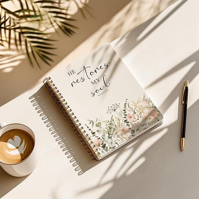 Bible Notebook, A5 Spiral Christian Journal with Floral Notebook, Bible Verse-He Restores My Soul, Inspirational Notebooks for Women, Bible Study, Gift for Birthday Christmas, Office Supplies (White)
