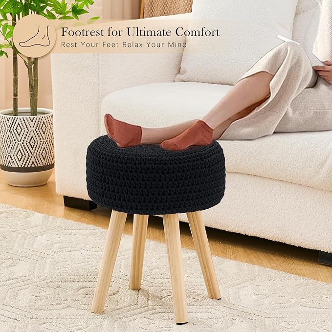 Cotton Knitted Ottoman Round Vanity Stool Modern Footstool Ottoman Footrest with Non-Skid Wood Legs for Living Room Bedroom Black